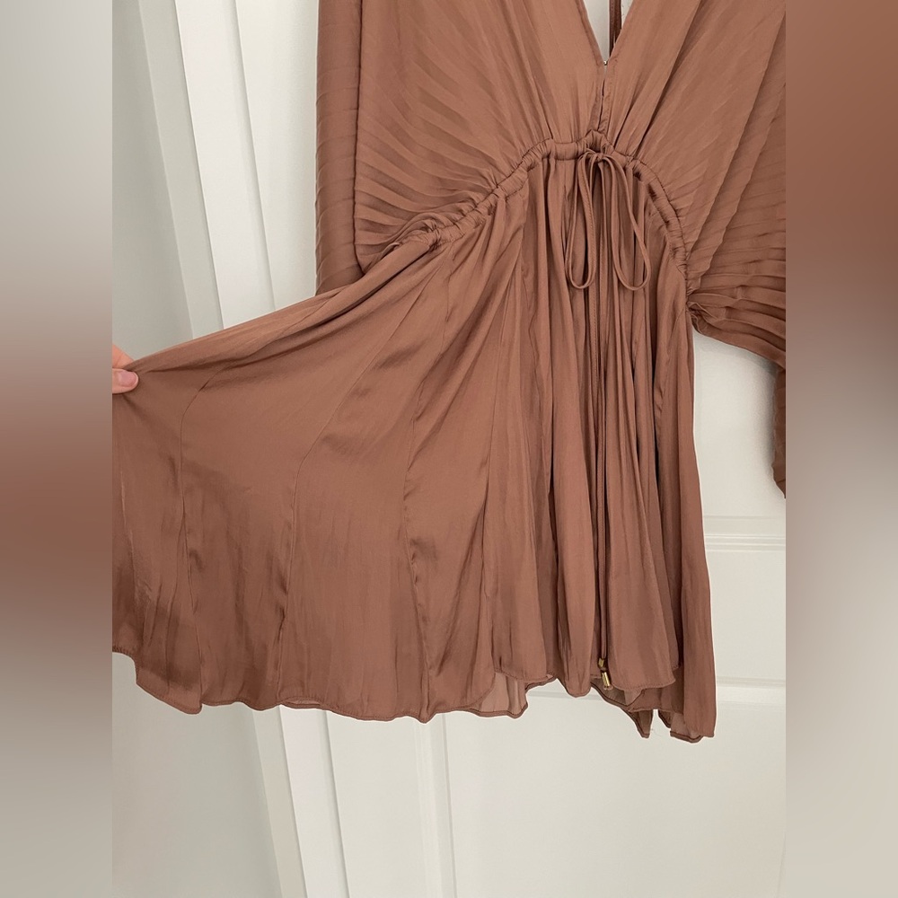 Free People Arzel Mini Dress Long Sleeve Cinnamon Size Small Pleated Boho.    11 - Picture 8 of 16